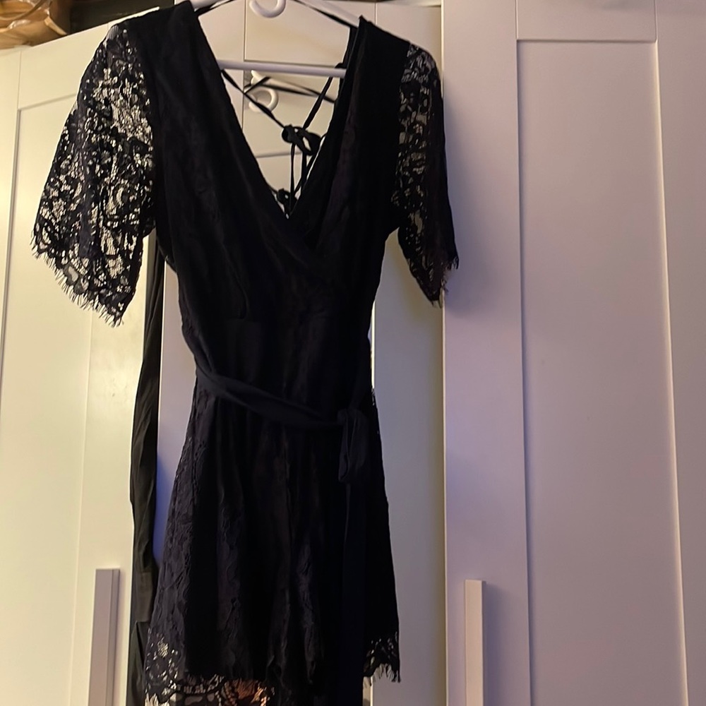 Navy blue lace romper with belt